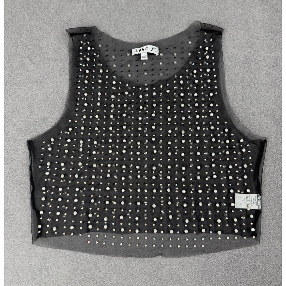 Love J Black Sheer Mesh Pearl Rhinestone Crop Tank Top Y2K Party Size L - Picture 11 of 16